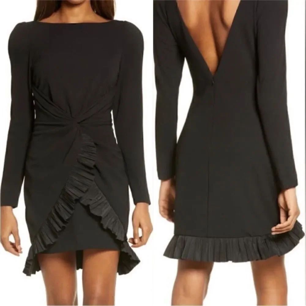 One33 Social NWT Pleated Ruffle Long Sleeve Cocktail Dress Black Size 8